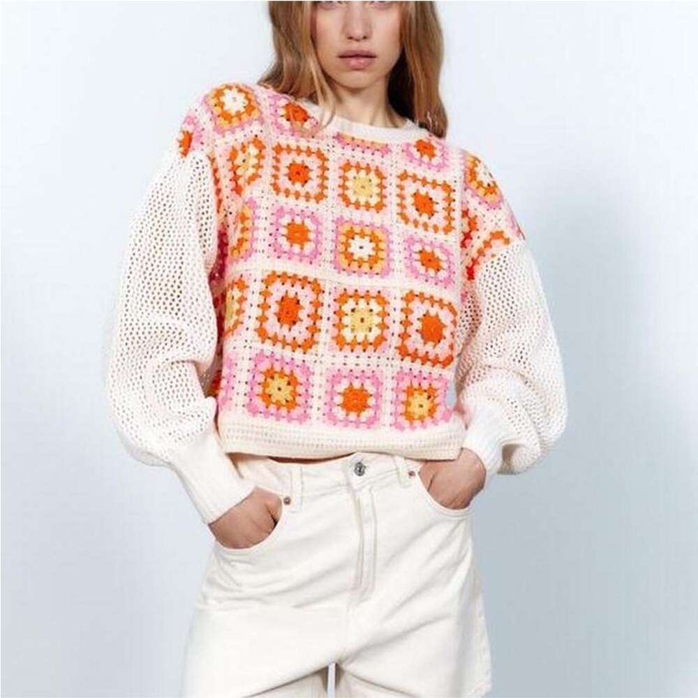 Zara Crochet Sweater - Pink and Orange Squares
